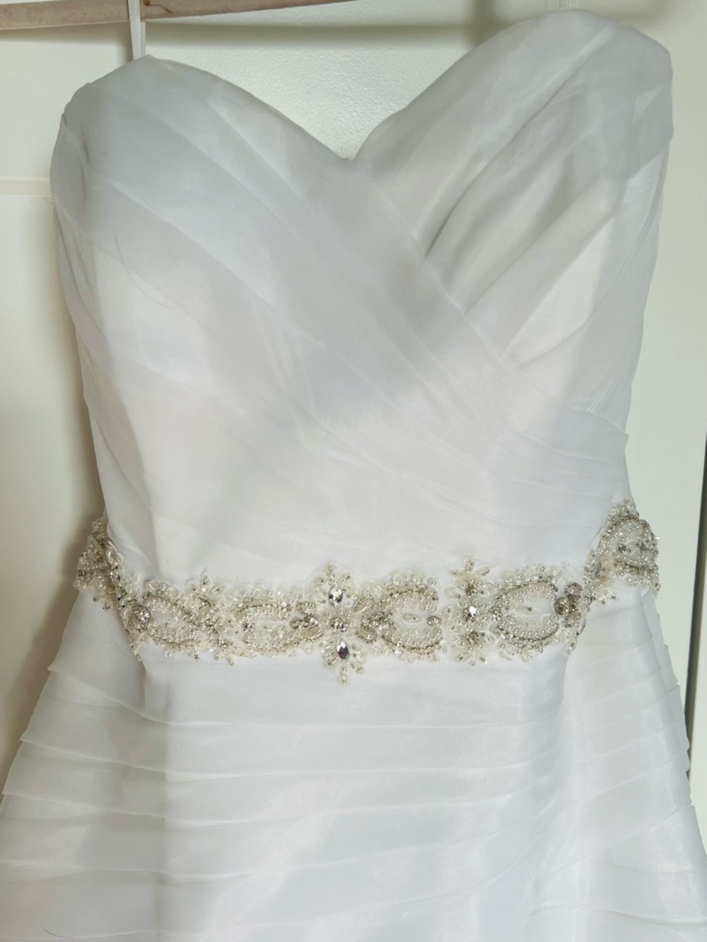 Romantic Strapless Ruffled White Wedding Gown with Beaded Waist - Picture 3 of 14